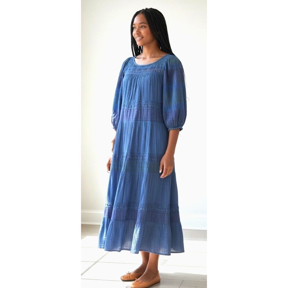 Sundance NEW womens navy green gauze balloon sleeve lace midi boho dress Small